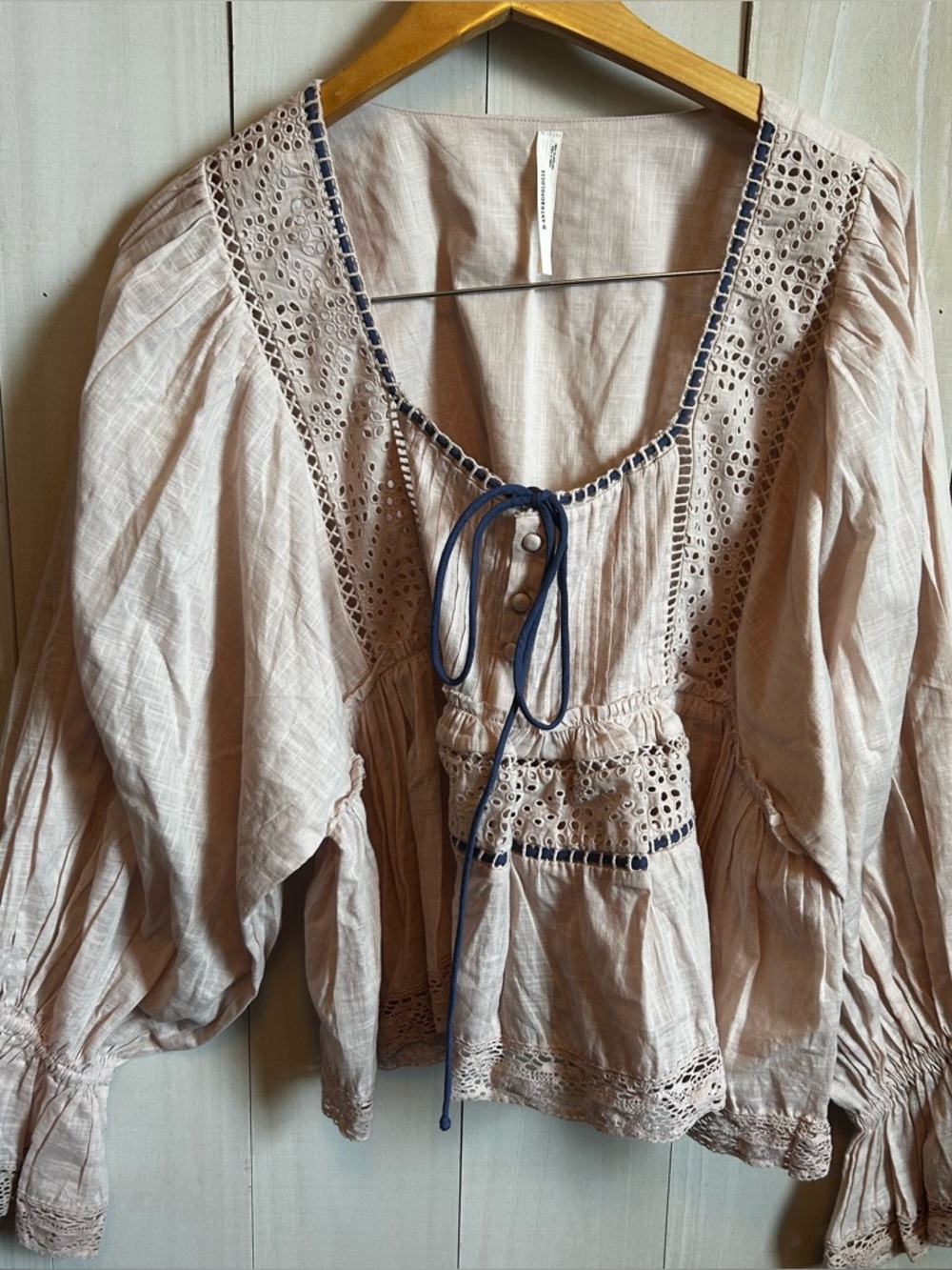 Anthropologie Bohemian Peasant Blouse - Blush Pink with Navy Trim